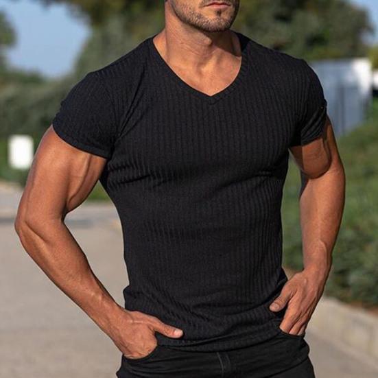 V-neck Short Sleeve Vertical Striped Lines Men T-shirt Solid Color Simple Summer Tee Shirt Streetwear