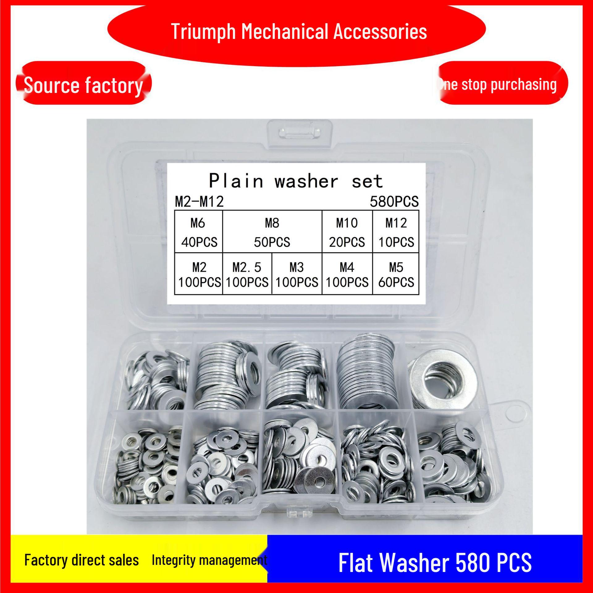 580-Piece Stainless Steel Flat Washer Set M2-M12, Anti-Slip