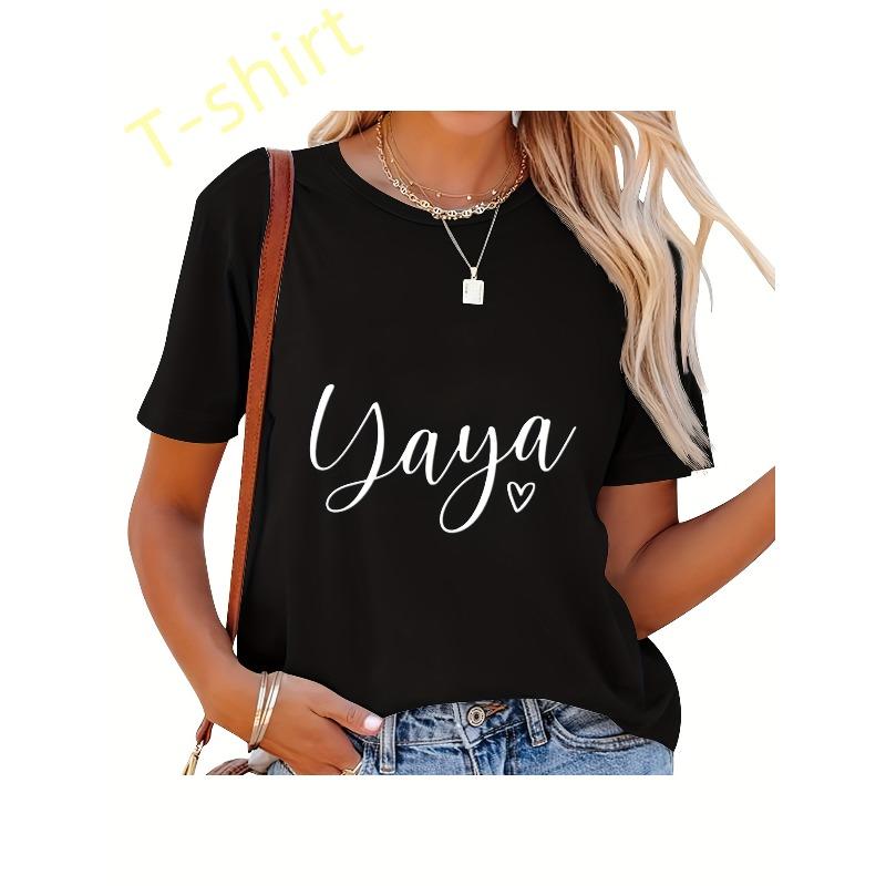 Women s Casual Black Yaya Heart Print Tee Cute Anime Design Short Sleeve Round Neck Lightweight Breathable Vintage All-Season Regular Fit Family S