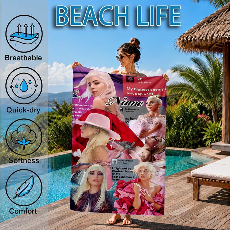 Custom Name Beach Towel Bold Fashion Lady-Gaga Microfiber Beach Towel, Lightweight for Summer Travel, Swimming Pool Fan Birthday Gift