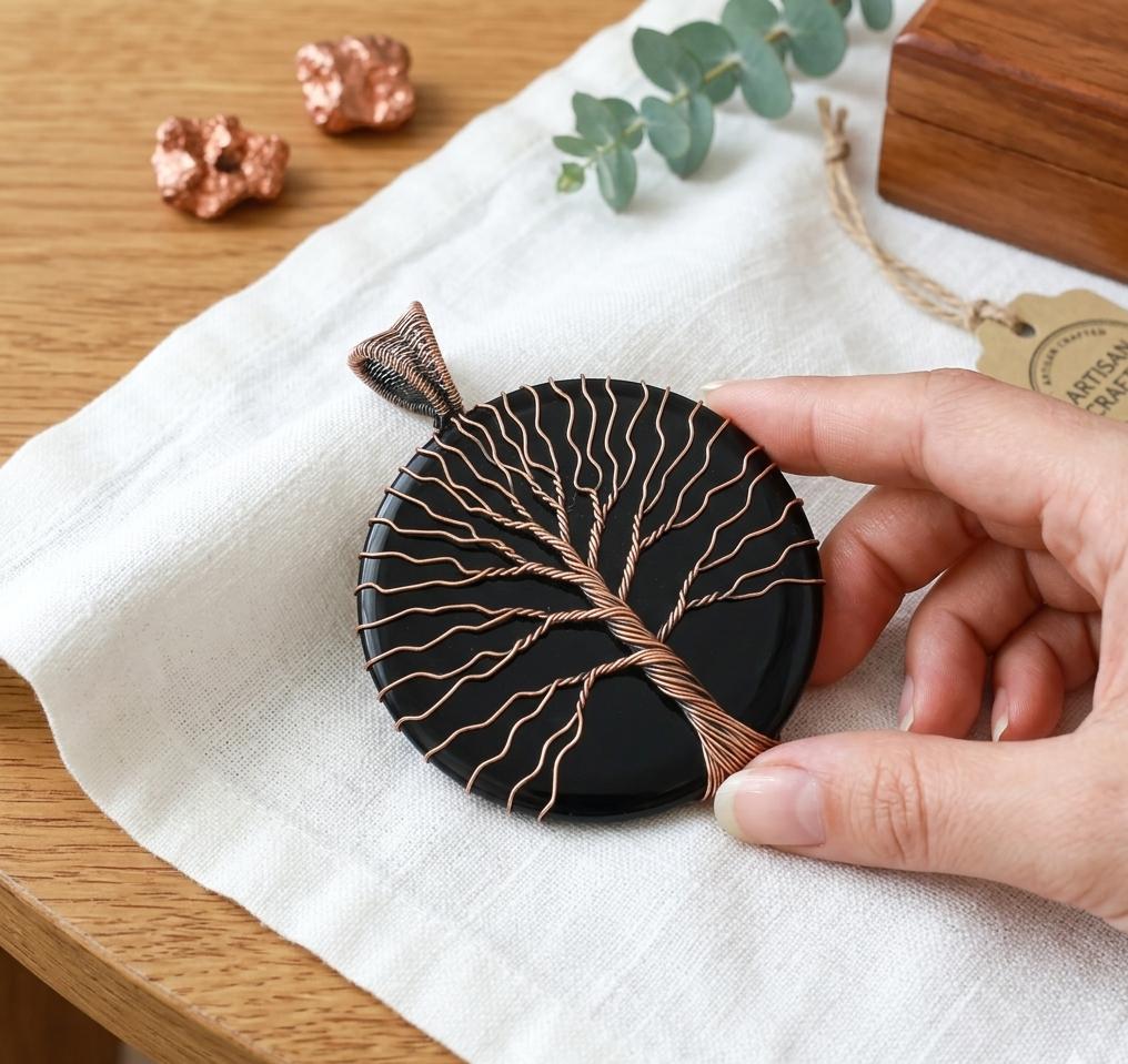 Handcrafted Huge Round Black Onyx Pendant, Artistic Tree of Life Copper Wire Wrap, Oversized Gemstone Necklace, Boho Chic Jewelry