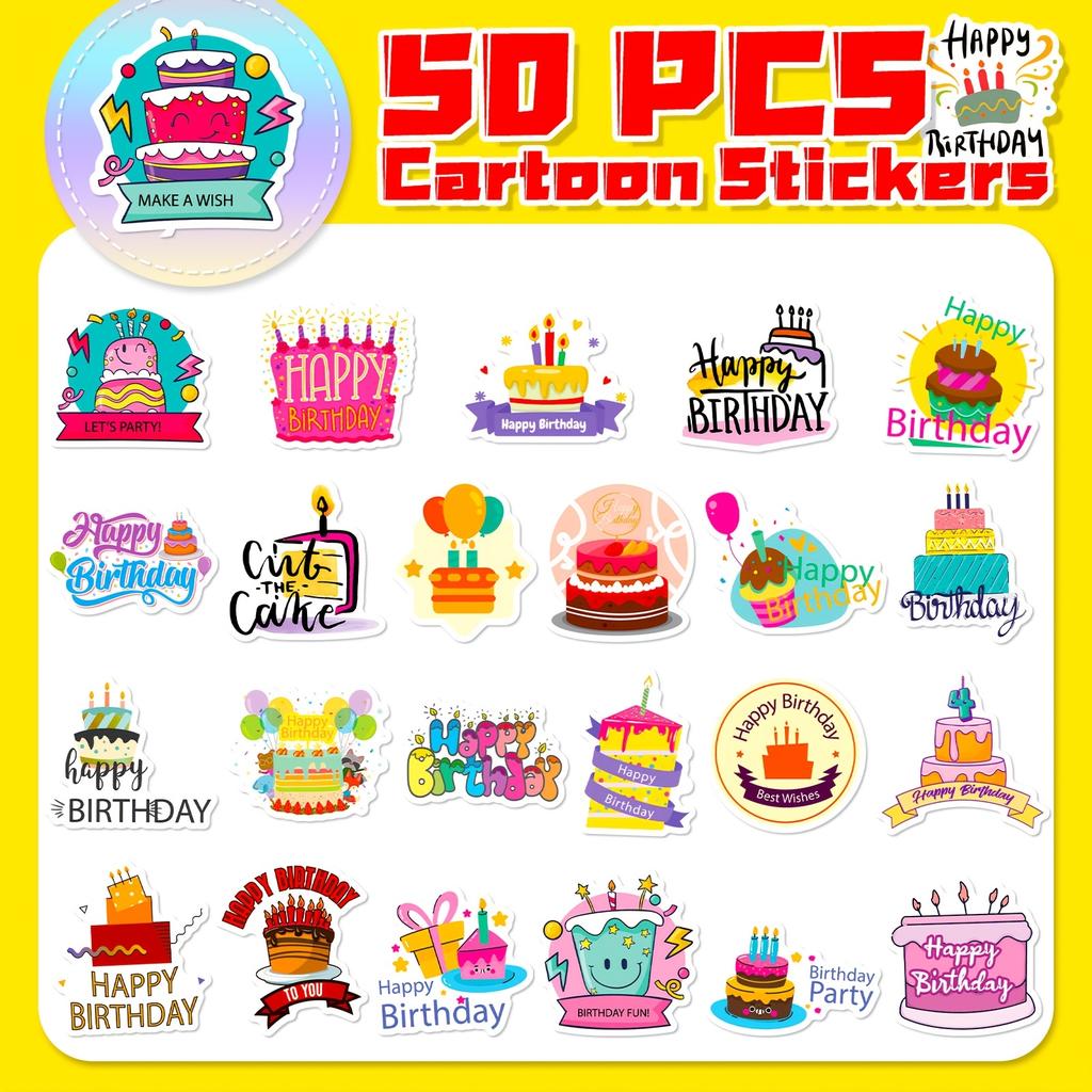 50pcs Birthday Stickers Colorful Assorted Cake Cupcake Party Hats Decorations Stickers DIY Laptop Water Bottle Fridge Decoration