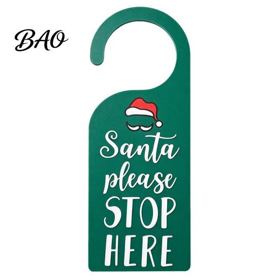 Kids Room Holiday Decor Christmas Door Handle Sign, Santa Please Stop Here Plastic Seasonal Ornaments Festive Knob Hanger Sign for Bedroom Decoration
