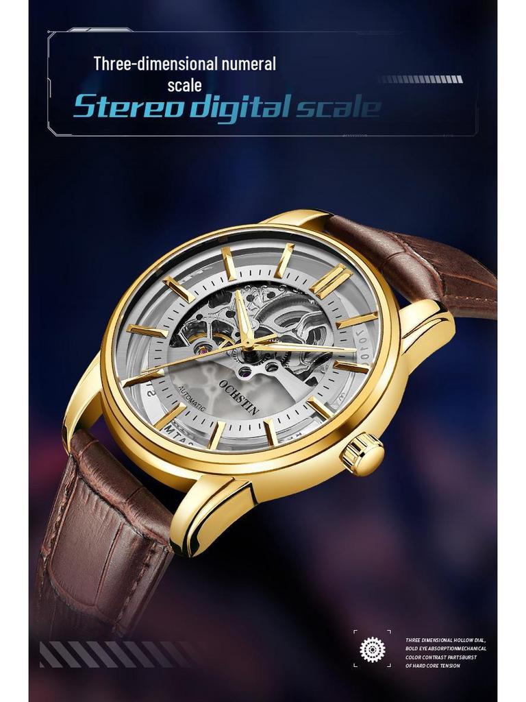 OCHSTIN Men's Skeleton Mechanical Watch - Genuine Leather, Waterproof, Fashionable Business Casual Wristwatch