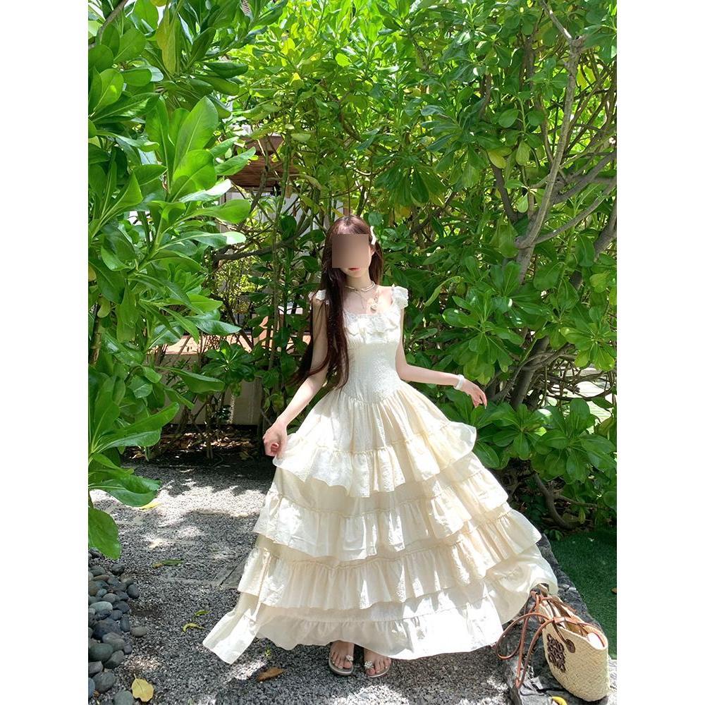 Xiaofei Sleeve Suspender Large Skirt Waist Seaside Holiday Super Fairy Medium and Long Cake Dress Dress Women's Lace Splicing