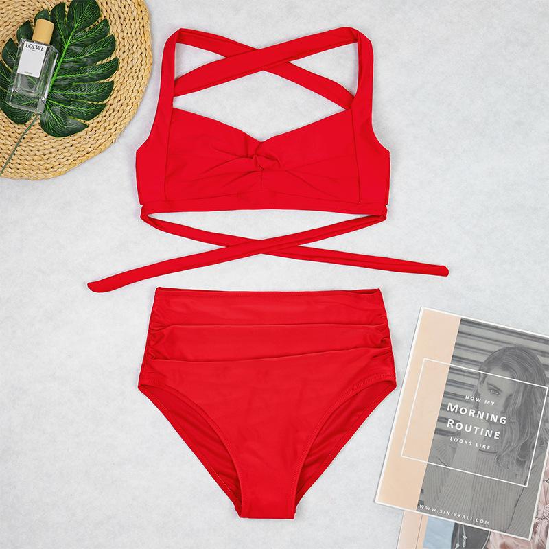 Sexy Zweiteiler Hohe Taille Bikini Sets Neckholder Einfarbig Retro Raffung Gedruckt Badeanzug Brasilianische Bademode Damen 2026 Badeanzüge