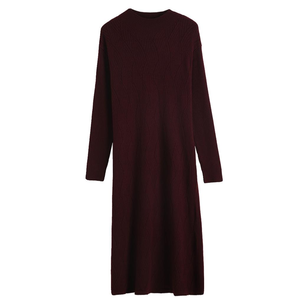 Ensfarvet strikket kjole for kvinner høst og vinter Lang knelengdekjole Løs og avslappet genser