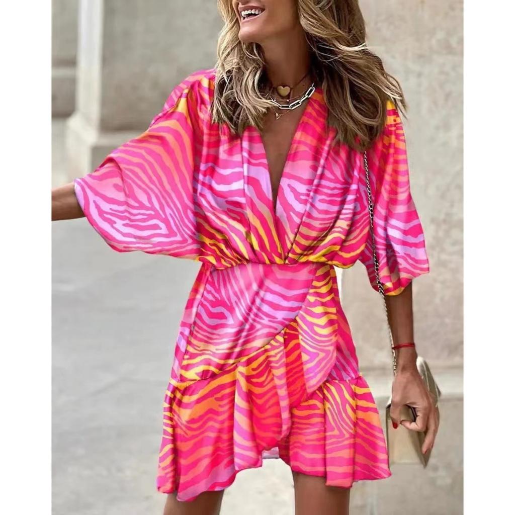 Women's V Neck Short Sleeve Midi Dress Loose Fit Casual Irregular Hem Gown