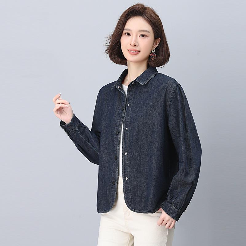 Women's Autumn Denim Shirt Jacket - Petite Casual Long-Sleeve Top