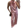 Women 2 Piece Satin Outfits Halter Neck Sleeveless Top And Wide Leg Pants Set Casual Vocation Lounge Set
