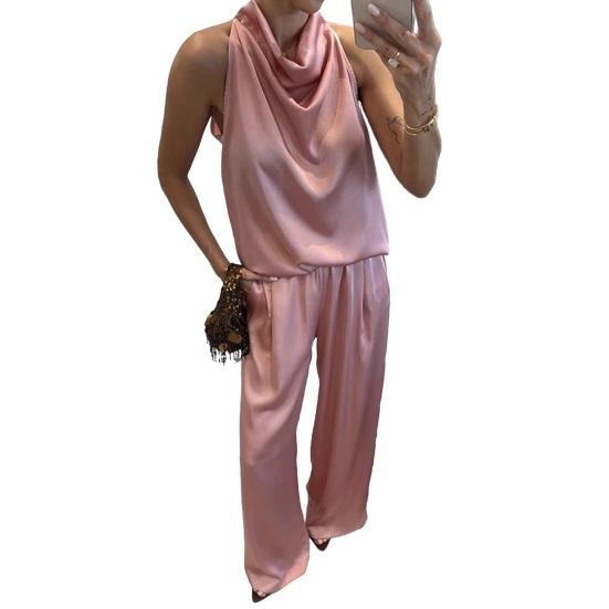 Women 2 Piece Satin Outfits Halter Neck Sleeveless Top And Wide Leg Pants Set Casual Vocation Lounge Set