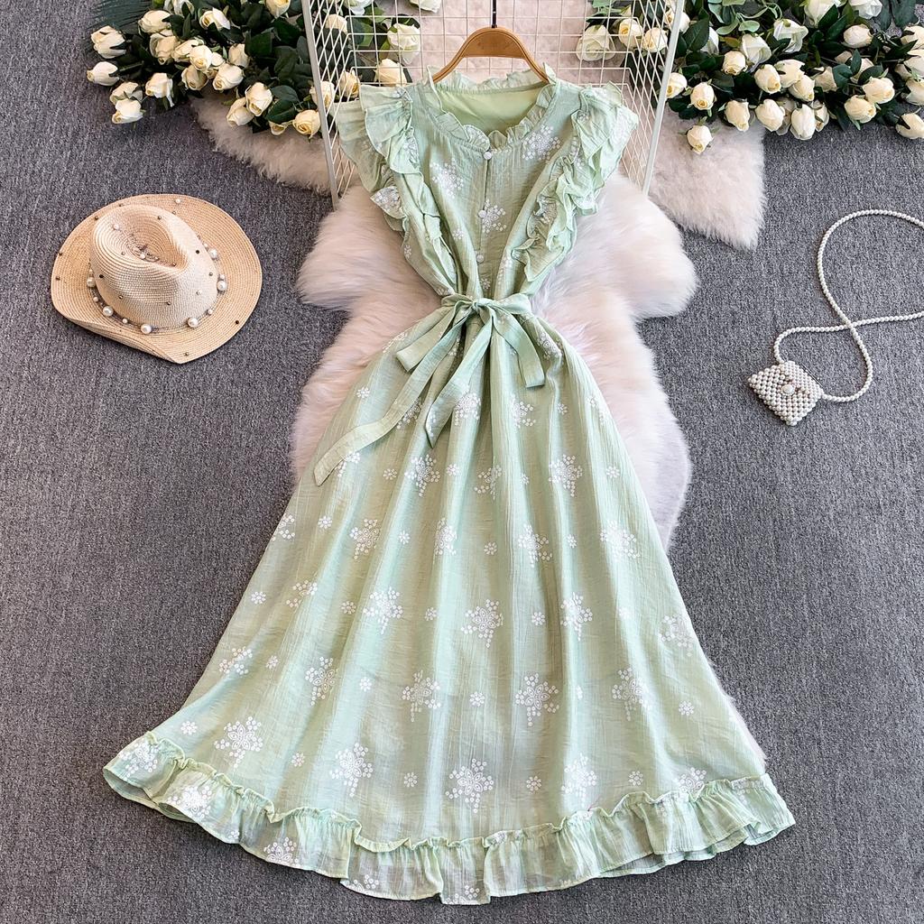 Sweet Stitched Ruffle Hem round Ne Princ Long Dress Women Spring Autumn Belted Waist Women Dress