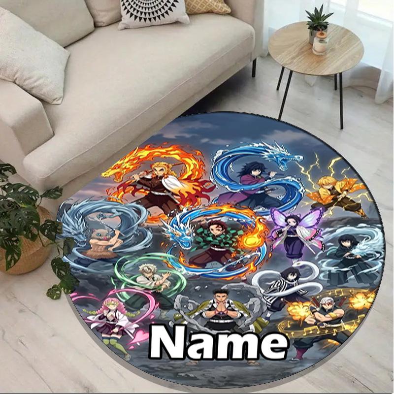 Custom Name Personalized Demon Slayer Print Round Rug, Versatile Home Decor Carpet, for Playroom, Apartment, Balcony, Entryway, Hallway Gift
