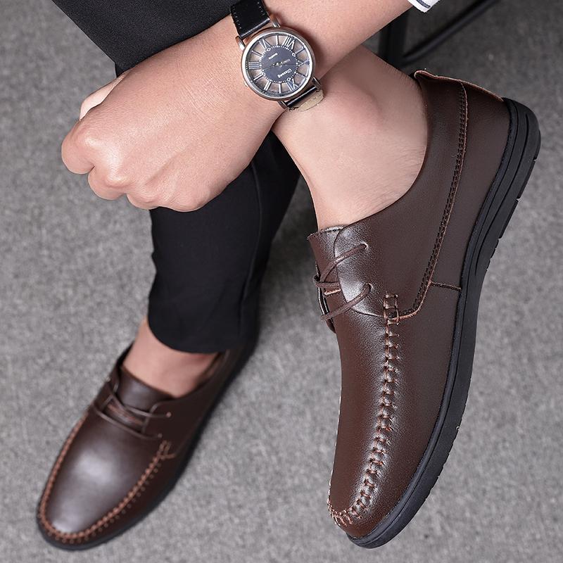 Leather Handmade Lace-Up Male Shoes Vintage All-match Business Shoes Mens Slip On Leisure Walk Shoes Classic Flats Driving Shoes