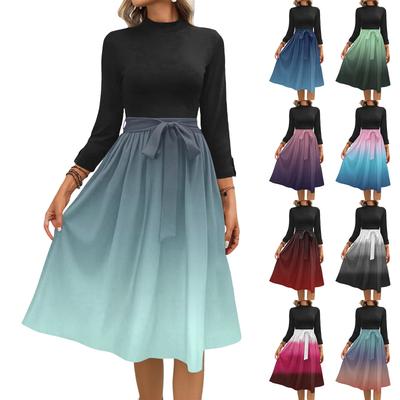 Women's Fashion Casual Belt Seven Sleeve Round Neck Gradient Temperament Dresses