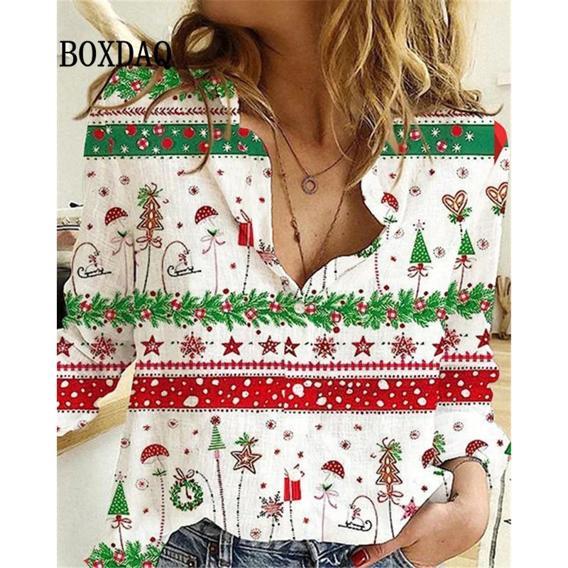 Women's Blouses Christmas 3D Printed Shirts Autumn Winter Fashion Long Sleeve Funny Cute Santa Claus Casual Button Tops