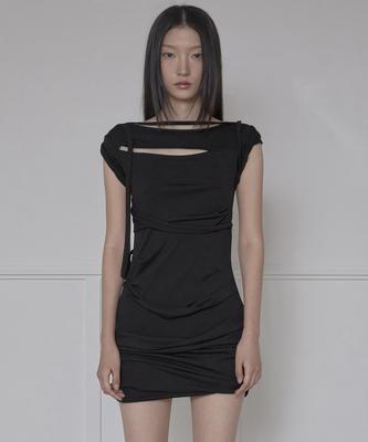 Peulleeoeob Asymmetrical Draped Strap Roll-Up Dress (Fl-171_Black)