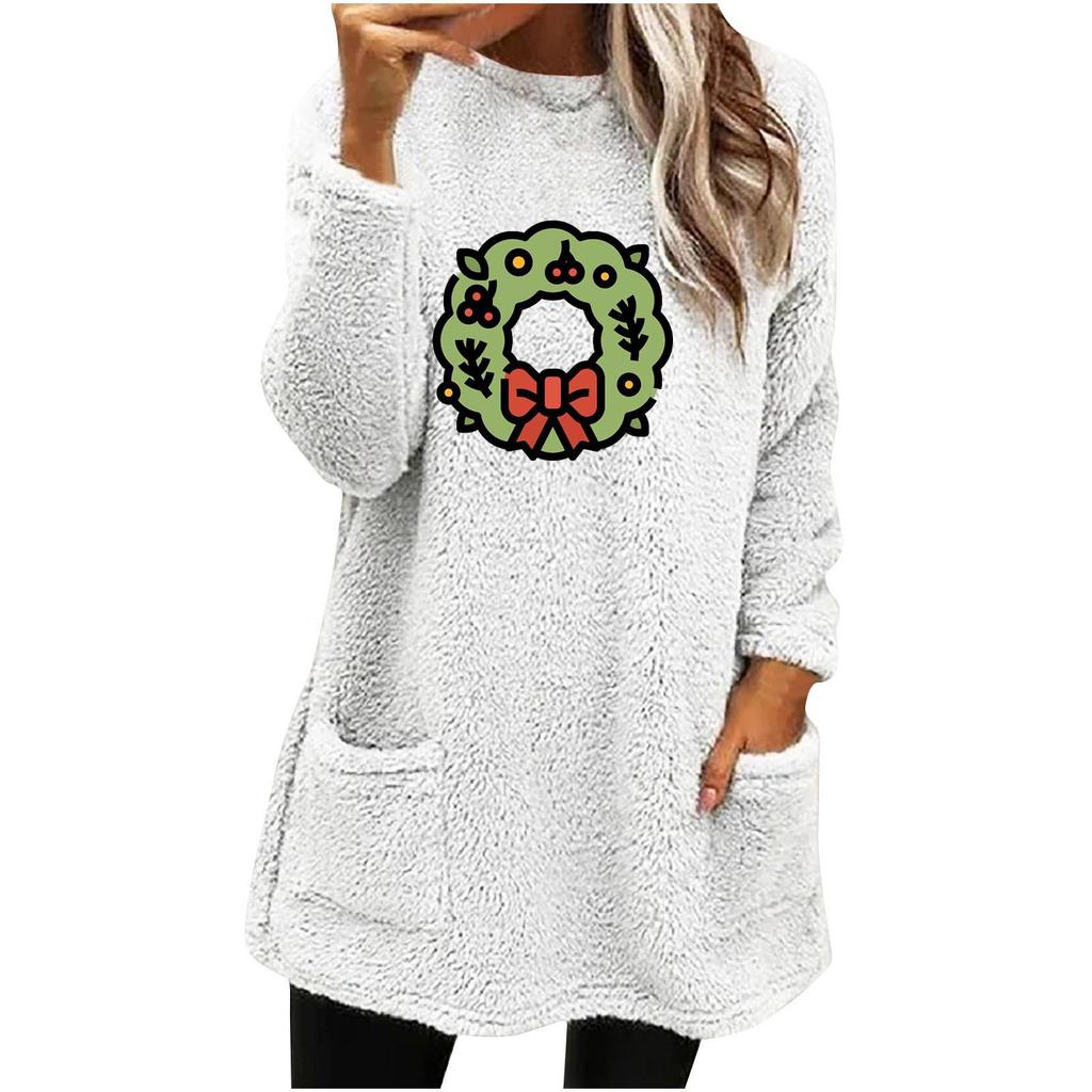 Women's Christmas Wreath Print Long Sleeve Plush Pocket Hoodie