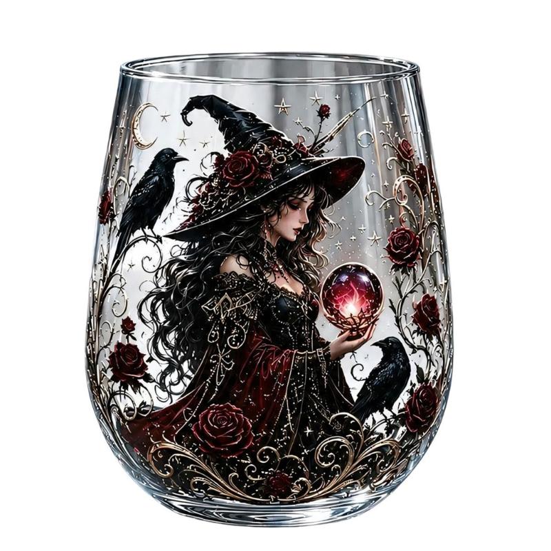 Decorative Witch Glass Cup with a Clear Stemless Form for Herbal Tea, Fruit Tea, Candy, and Seasonal Table Service