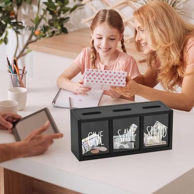Salvadanaio in legno a 3 scomparti, salvadanaio con banconote visualizzate, salvadanaio con monete per bambini, adulti, camera da letto, ufficio