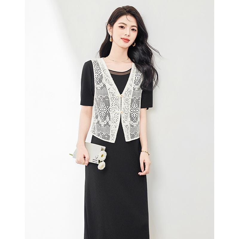 Hepburn Style Dress Women's French Sweet Lace Temperament Vest Two-piece Set