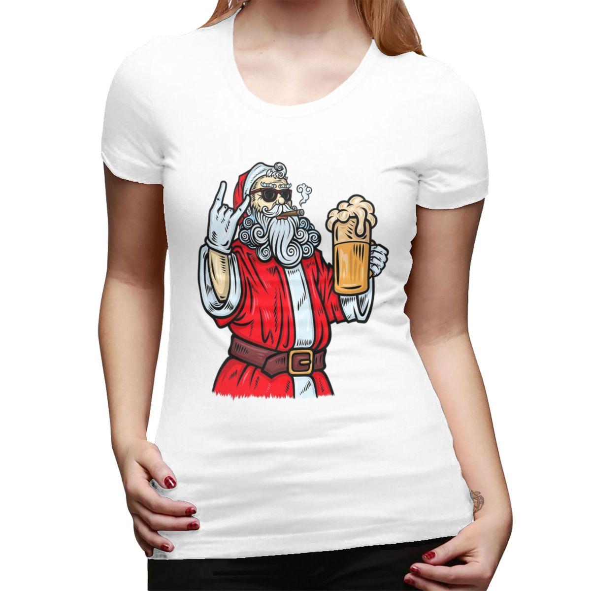 

Bad Santa Claus Rock Beer And Cigar TShirt for Women Crew Neck Streetwear T Shirts Womens Tees Short Summer Clothes Tops S