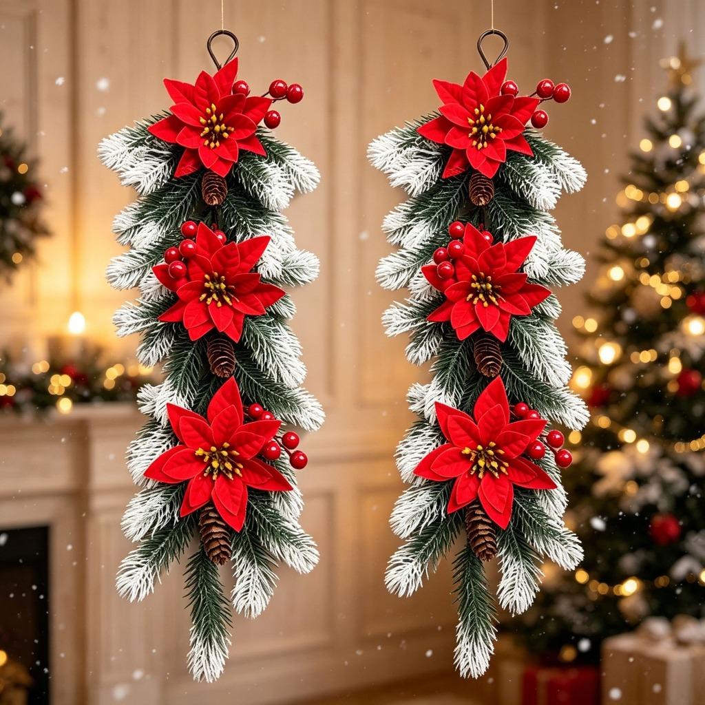 Christmas Teardrop Swag Flocked Door Hanging Christmas Decor Red Berry Christmas Decoration Plastic For Balcony Entryway
