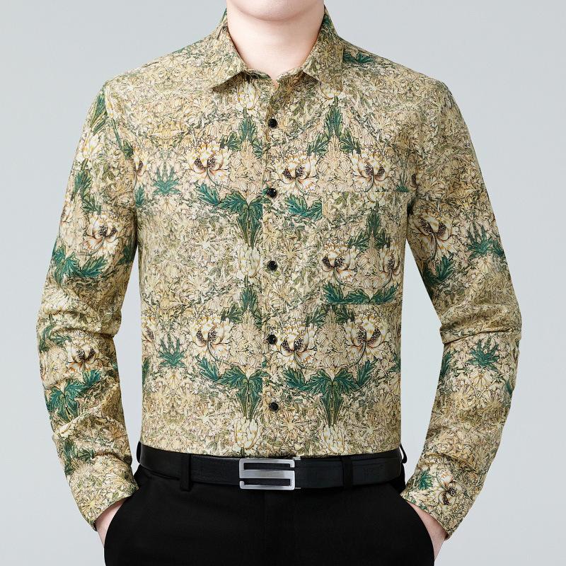 Spring & Autumn Men's Plus Size Printed Cotton Linen Shirt - Business Casual, Long Sleeve.