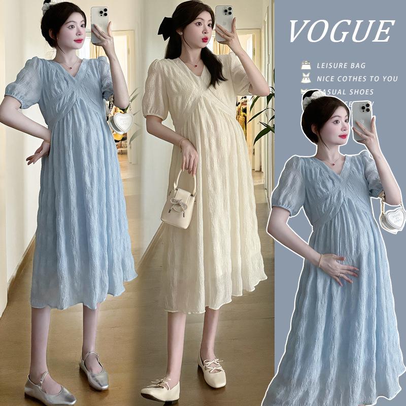 

2026 Summer V-Neck High-Waisted Maternity Dress: Fashionable, Age-Reducing, Belly-Concealing Skirt Medium синій