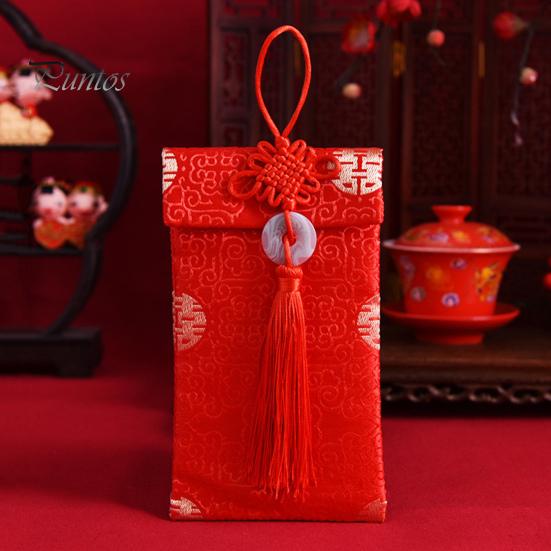Faux Silk Red Envelope Chinese Wedding Red Pocket Lucky Money Hongbao Card Cash Envelope with Chinese Knot for New Year Spring Festival Wedding