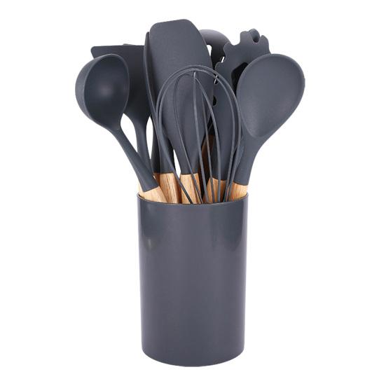 12Pcs Silicone Kitchenware Set Turner Spatula Spoon Non-Stick Heat Resistant Cooking Utensils with Wooden Handles Storage Bucket
