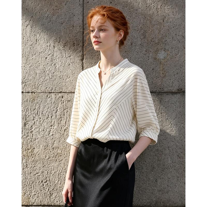 Women s Striped V-Neck Spliced Loose Fit Blouse M