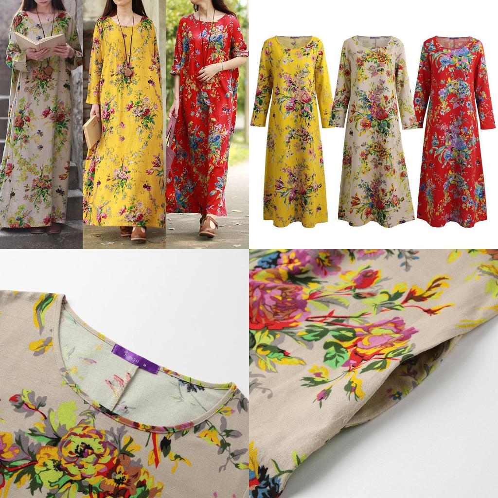 Casual Women Vintage Boho Dress Maxi Loose Long Cotton Dress Floral Sleeve Linen