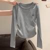 Women's Spring and Autumn Solid Color Long-sleeved T-shirt Waist Pleated Round Neck Pullover Top