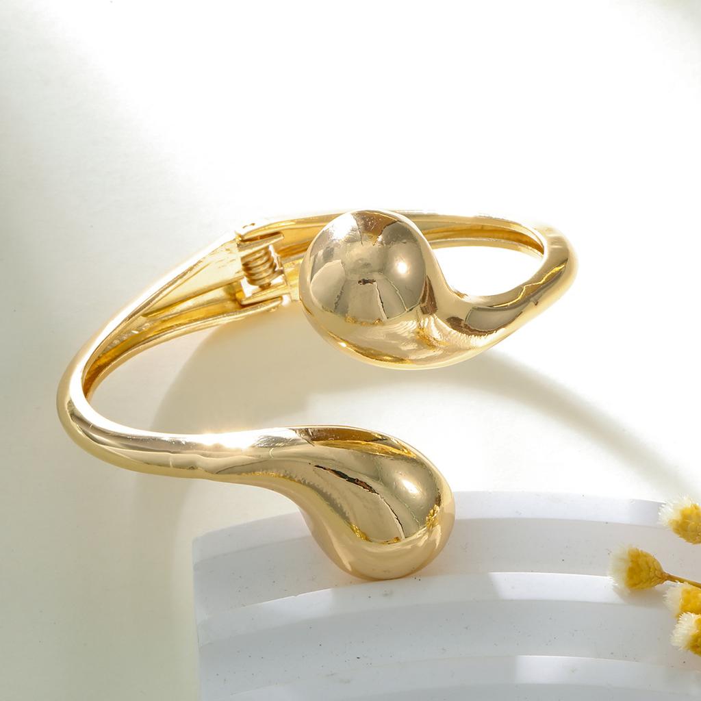 Smooth Gold Color Open Spring Bangles for Women Design Geometric Wide Cuff Bracelets Hand Jewelry