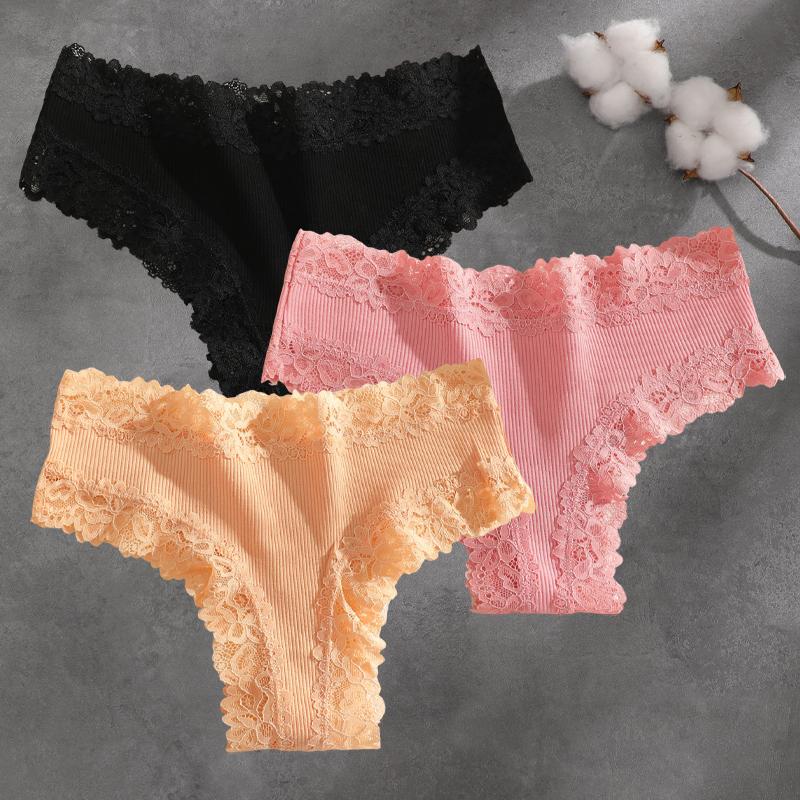 FINETOO 3Pcs Cotton Lace Patchwork Bikini Panties Women Seamless Floral Print Brazilian Pants Low Waist Breathable Female Sexy Lingerie