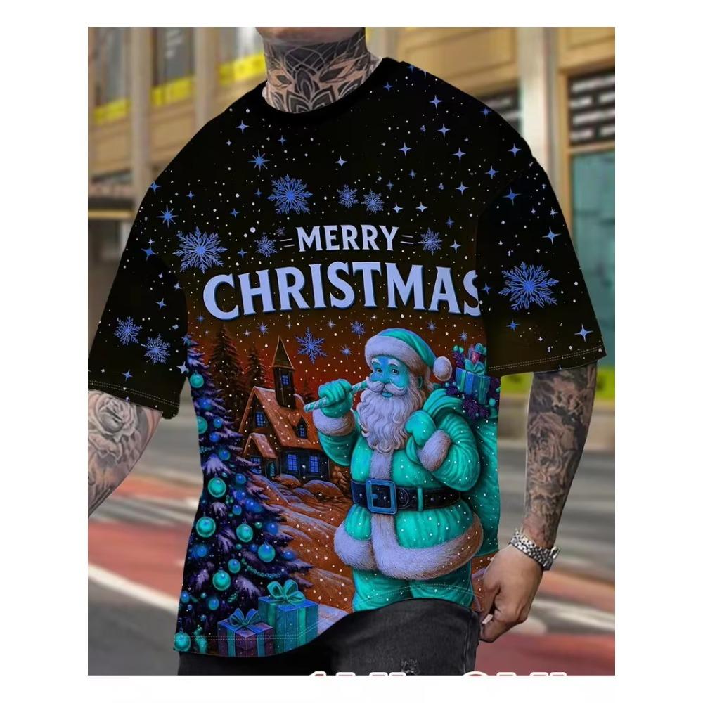 Creative Santa Claus Printed Men's T-Shirt Merry Christmas Casual O-neck Loose Short Sleeve Tops Fashionable Comfortable Breathable T-shirt