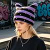 Cozy Headwear for Girls Cat Ear Hat Women Girls, Striped Slouchy Crochet Headgear Fashionable Streetwear with Shiny Rhinestones, Cute Winter