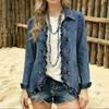 Chaqueta vaquera de doble botonadura para mujer con bajo fruncido para uso casual