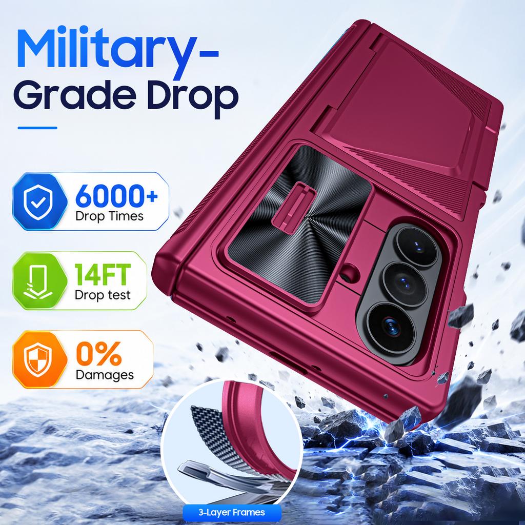 Card Holder Phone Case with RFID Blocking and Sliding Camera Protector, Hard Shell for Galaxy Z Fold 8 Ultra-Rose Red