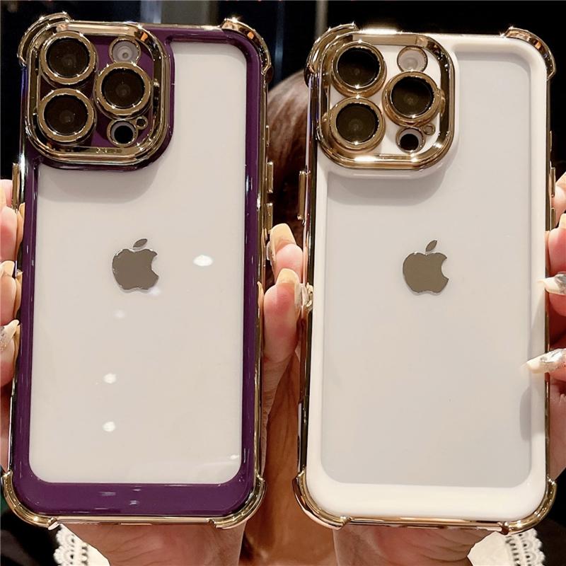 For iPhone 16 Pro Max Luxury Plating Color Soft Frame Transparent Phone Case For iPhone 12 13 14 15 Plus Lens Protective Cover