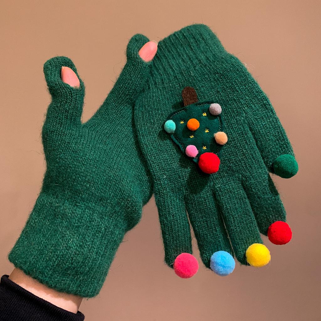Cute Creative Red Christmas Tree Knitted Gloves for Women Winter Five Finger Warm Plush Windproof and Cold Proof Cycling Christmas