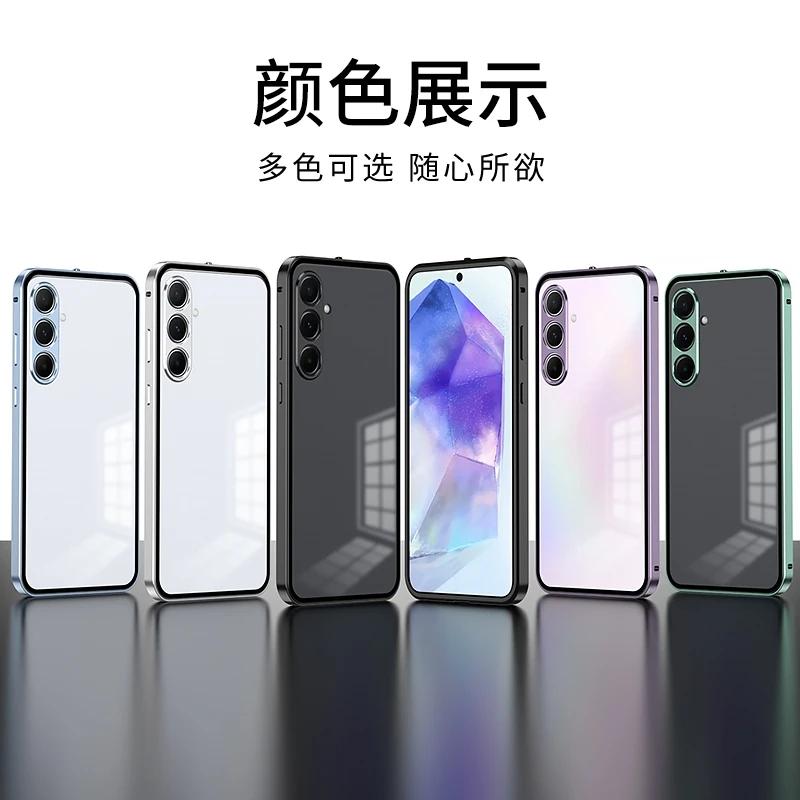 Per Samsung A55 Custodia per Telefono con Protezione Lente in Metallo Alloy Per Galaxy A 55 5G Vetro Temperato Trasparente Cover Posteriore Rigida Antiurto