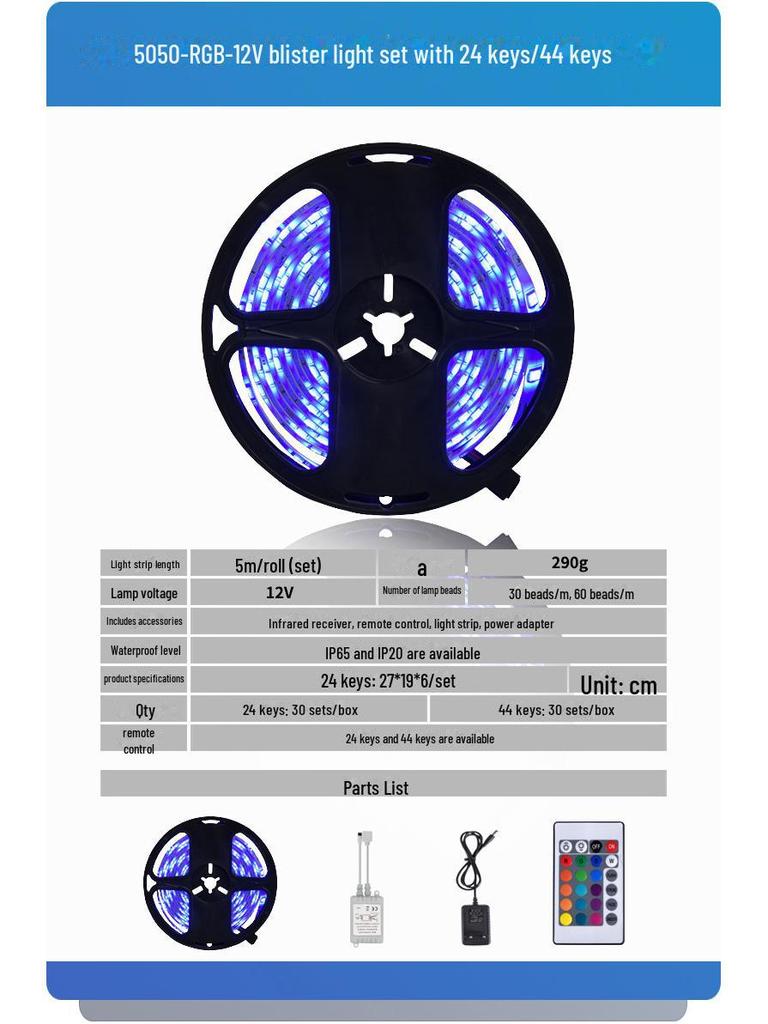 Waterproof 12V LED Light Strip with Alexa Voice Control and 24-Key Remote