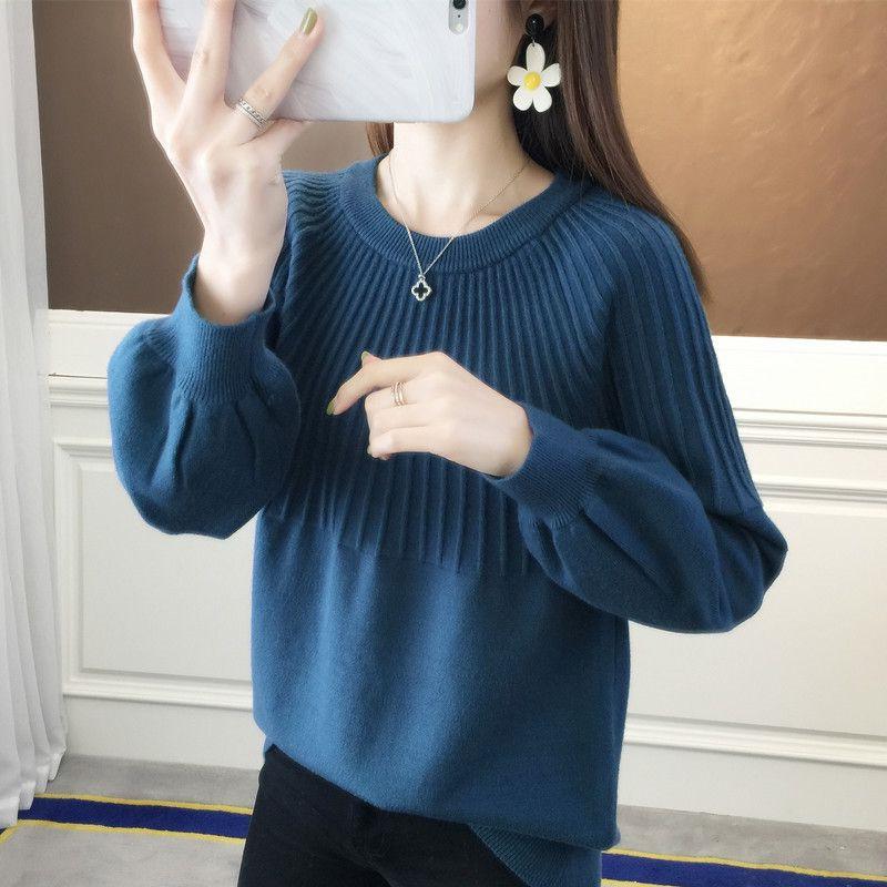 Round Neck Sweater Women's Hong Kong Style Solid Color Sweater Loose Casual Knitted Base Sweater Autumn and Winter