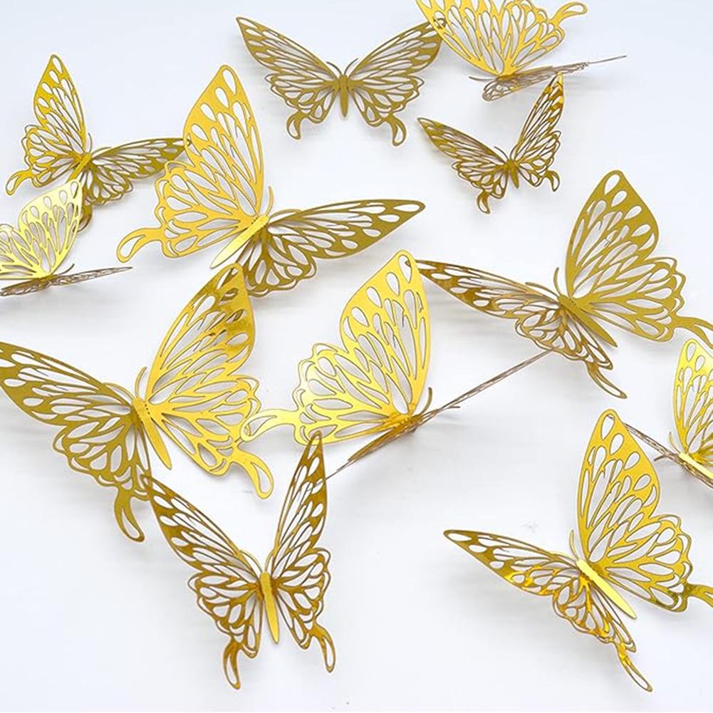 12Pcs Butterfly Wall Decor Gold Colorful 3D Butterfly Wall Stickers Self-stick Wall Decal For Wedding Birthday Party Wall Decor