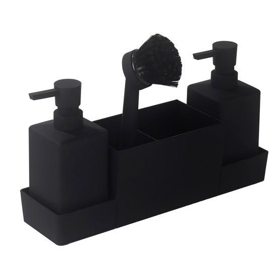 Multifunktionales Badezimmer-Organizer-Tablett mit 2 Seifenspendern, Reinigungsbürste, Küchenarbeitsplatte, Spülmittelflaschen-Schwammhalter-Ständer