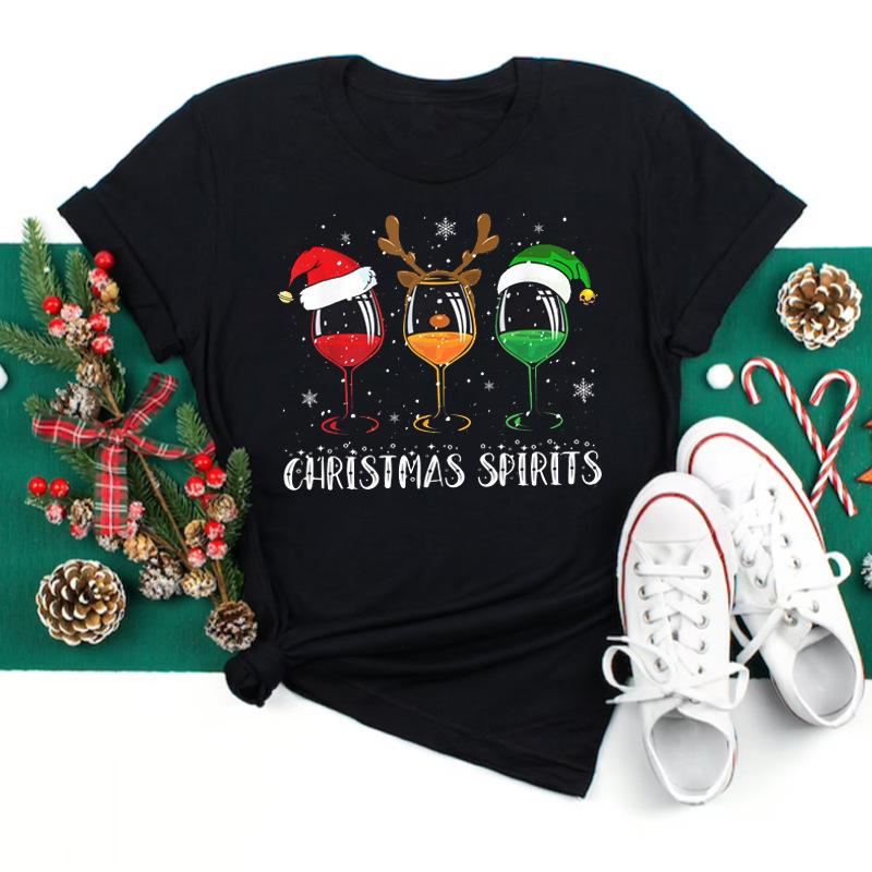 Polyester  100% New Christmas Happy Christmas Tree Santa Claus Casual and Fashionable Round-neck Short-sleeved Women's Base Tops