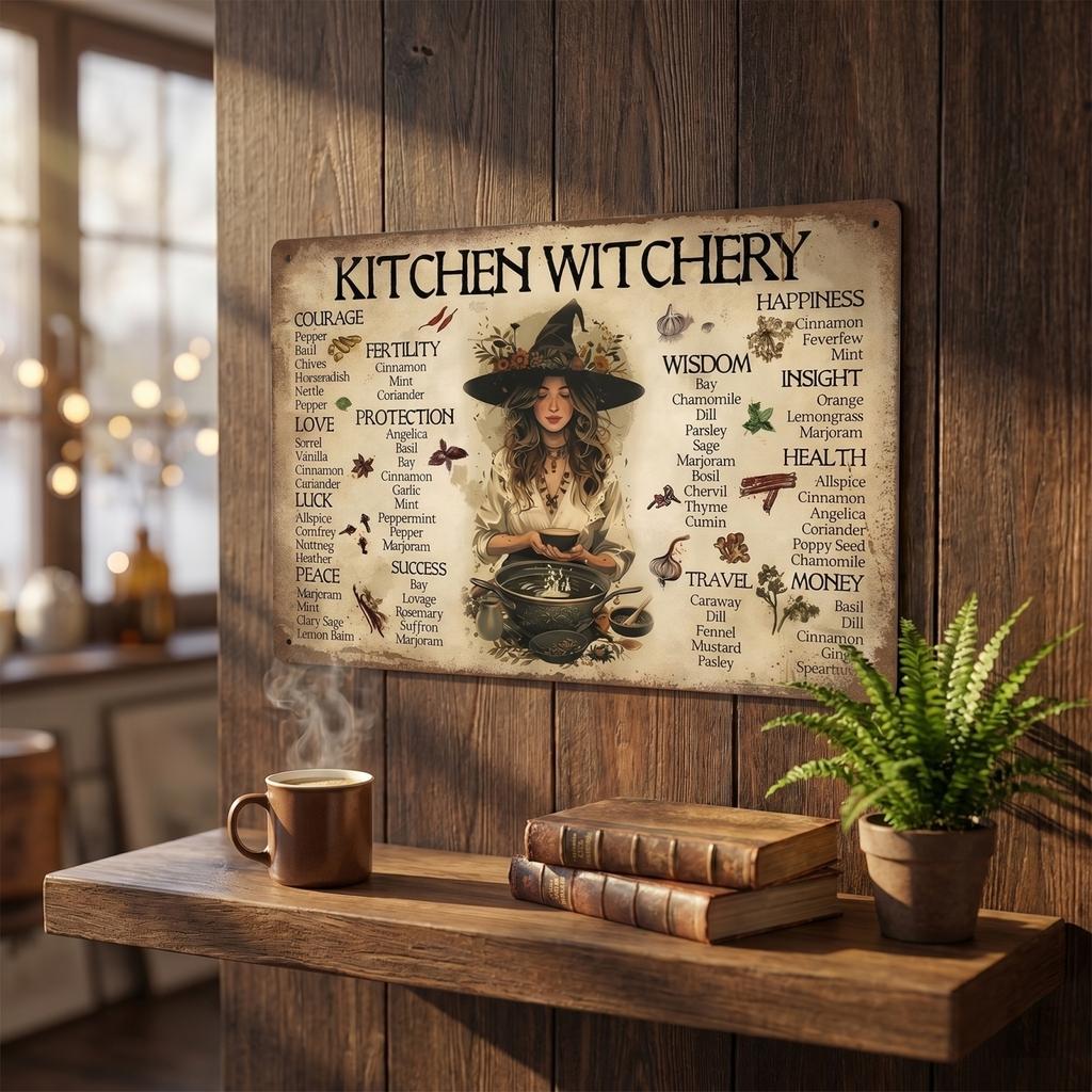 Vintage Kitchen Witchery Herb Guide Aluminum Wall Decor Metal Tin Sign for Cooking and Home Decoration Rustic Style