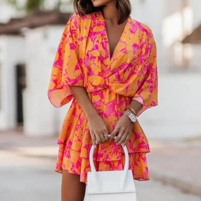 

VEZFAA Женская мода весна осень цветочный узор принт рукава 3/4 V-образный вырез средняя талия повседневные платья M